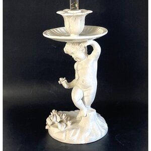 Vintage Italian White Ceramic Cherub Candle Holder With Floral Dish Accent